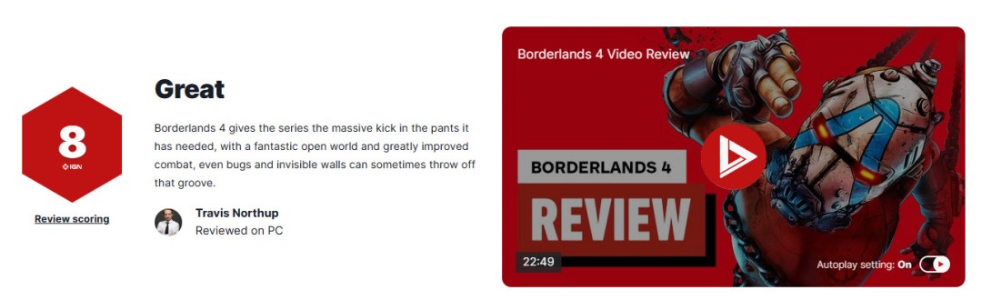  《无主之地4》IGN评8分：开放世界进化成功但Bug影响体验