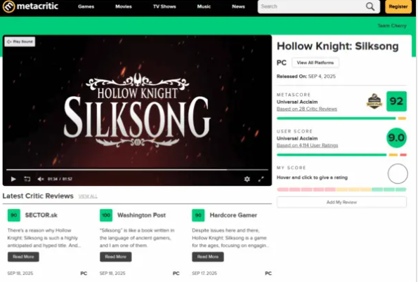 《空洞骑士：丝之歌》M站均分达到92 超过前作2分