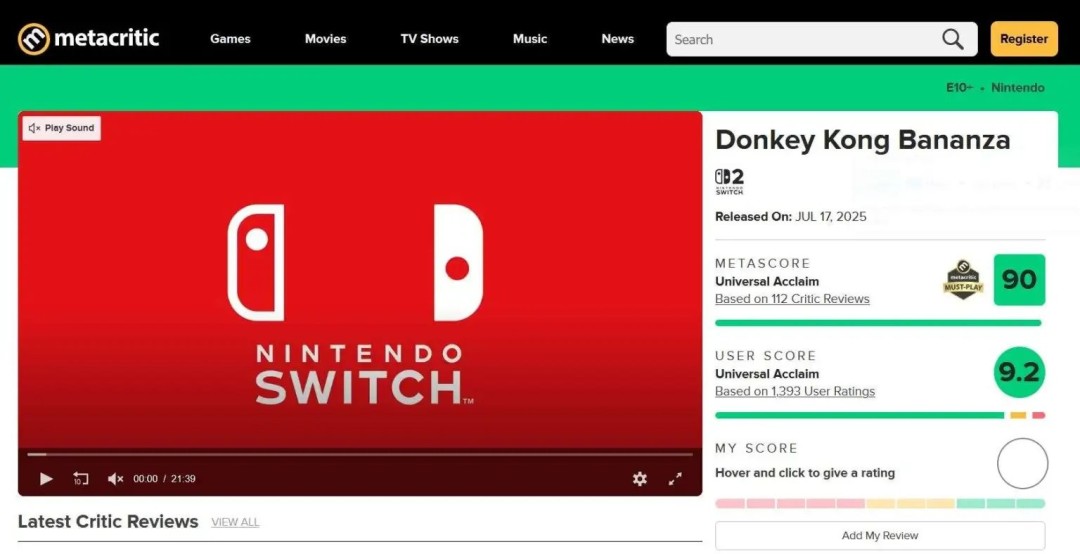 评分登顶! 《咚奇刚:蕉力全开》成为M站上用户评分最高的任天堂第一方游戏