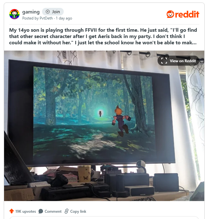 儿子首次玩FF7遇剧情纠葛 玩家竟帮助其向学校请假