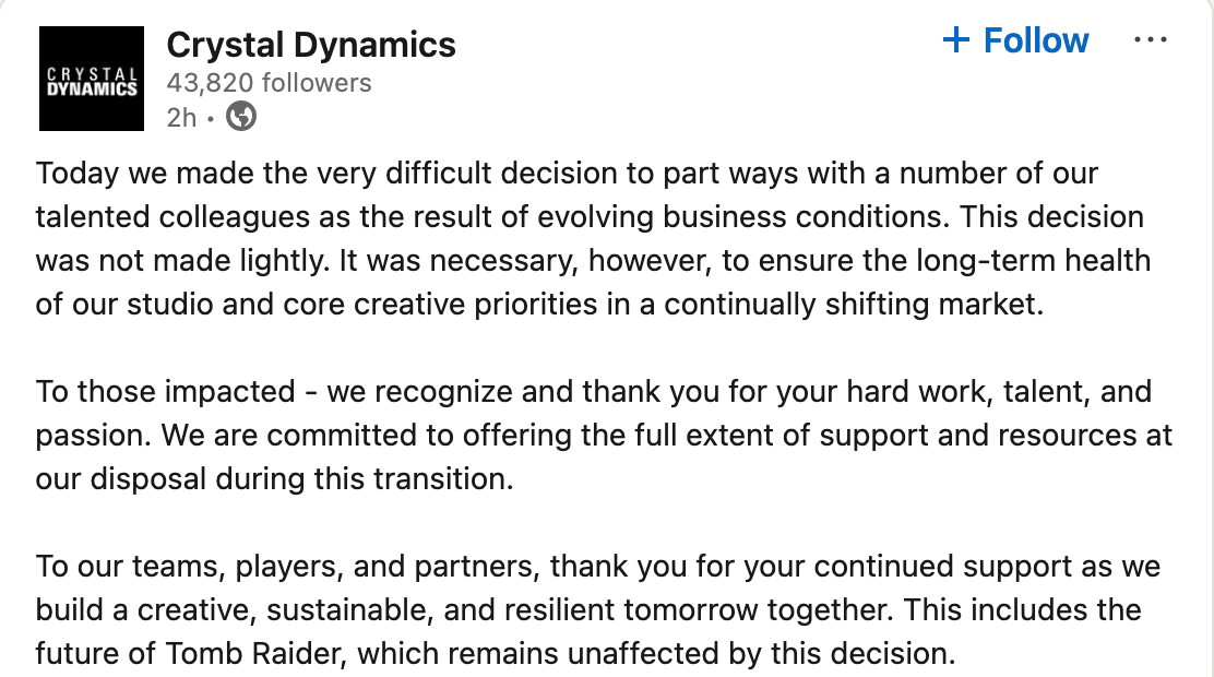 《古墓丽影》开发商水晶动力今年第二次裁员
