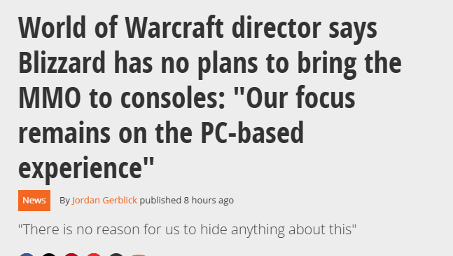  魔兽世界否认开发主机版 专注PC游戏体验