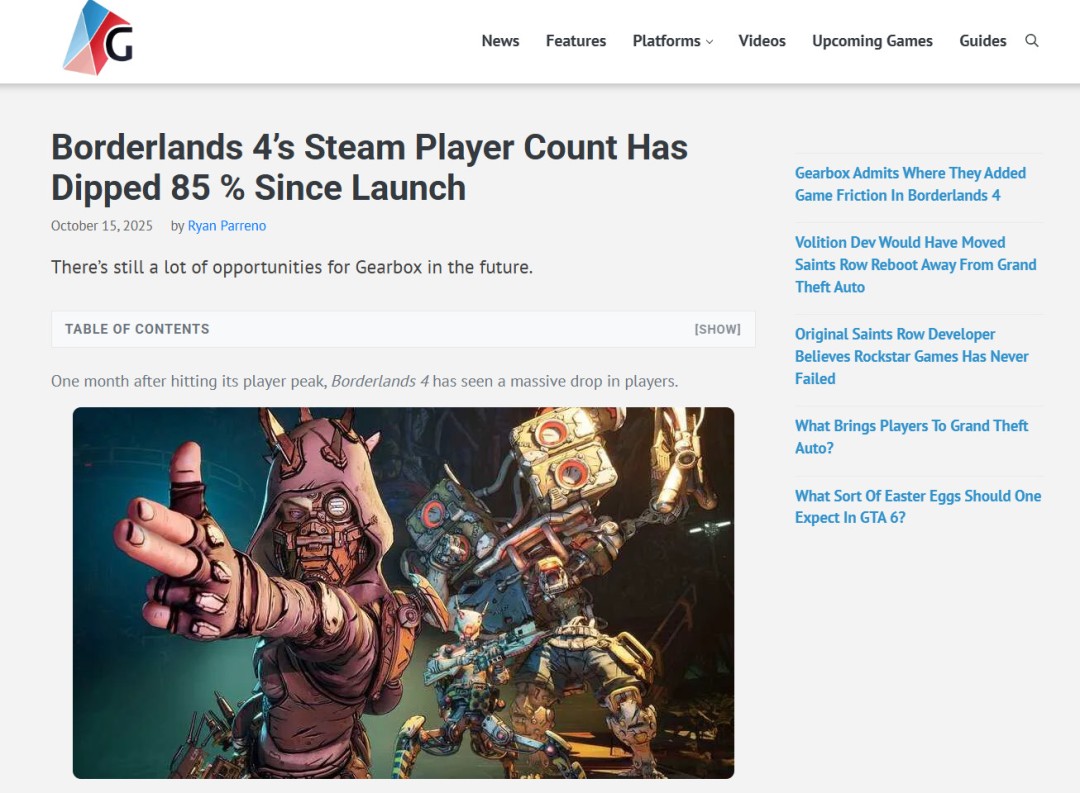 《无主之地4》发售一个月后 Steam玩家流失85%