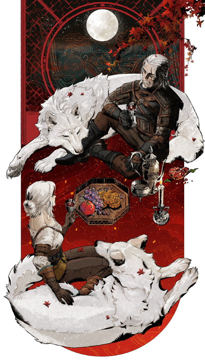  巫师3中秋贺图白狼希里共赏明月