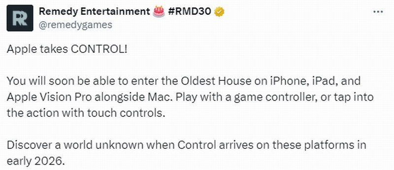 《控制》2026年初登陆苹果平台 支持触控操作