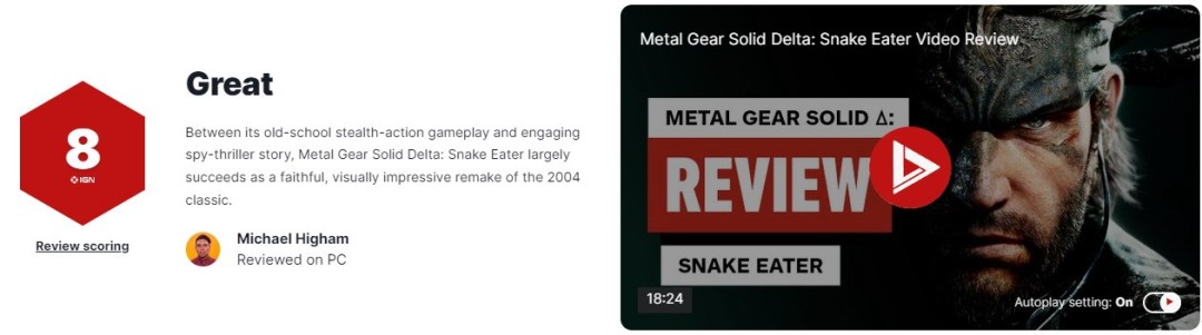  合金装备3重制版IGN8分 画面升级忠实还原经典