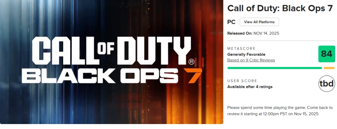 《使命召唤:黑色行动7》M站均分84 IGN6分评价一般!
