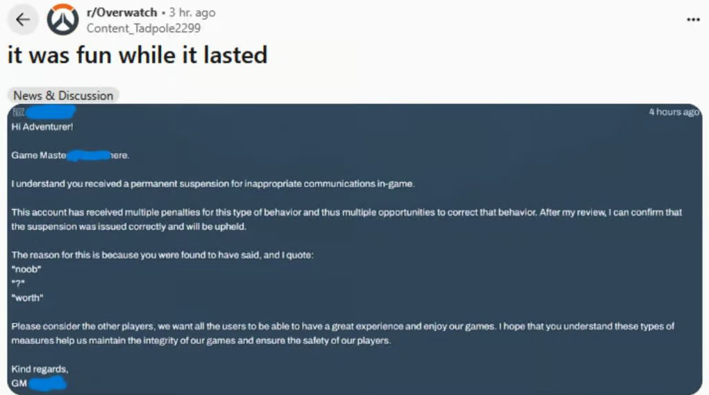 离大谱!《守望先锋2》玩家因喊Noob被永久封号