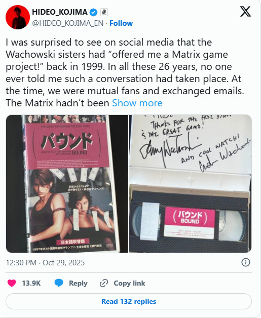 小岛秀夫回应黑客帝国游戏版：从未被告知存在