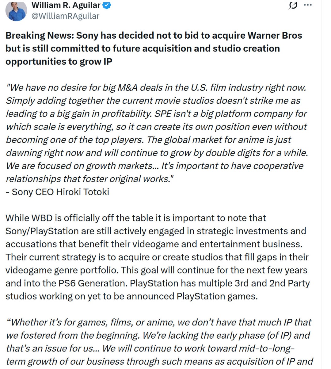 索尼对收购华纳兄弟没兴趣 专注于动画和游戏领域