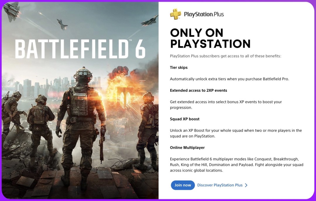 《战地6》PS5玩家每局比赛将比Xbox玩家多获得5%经验