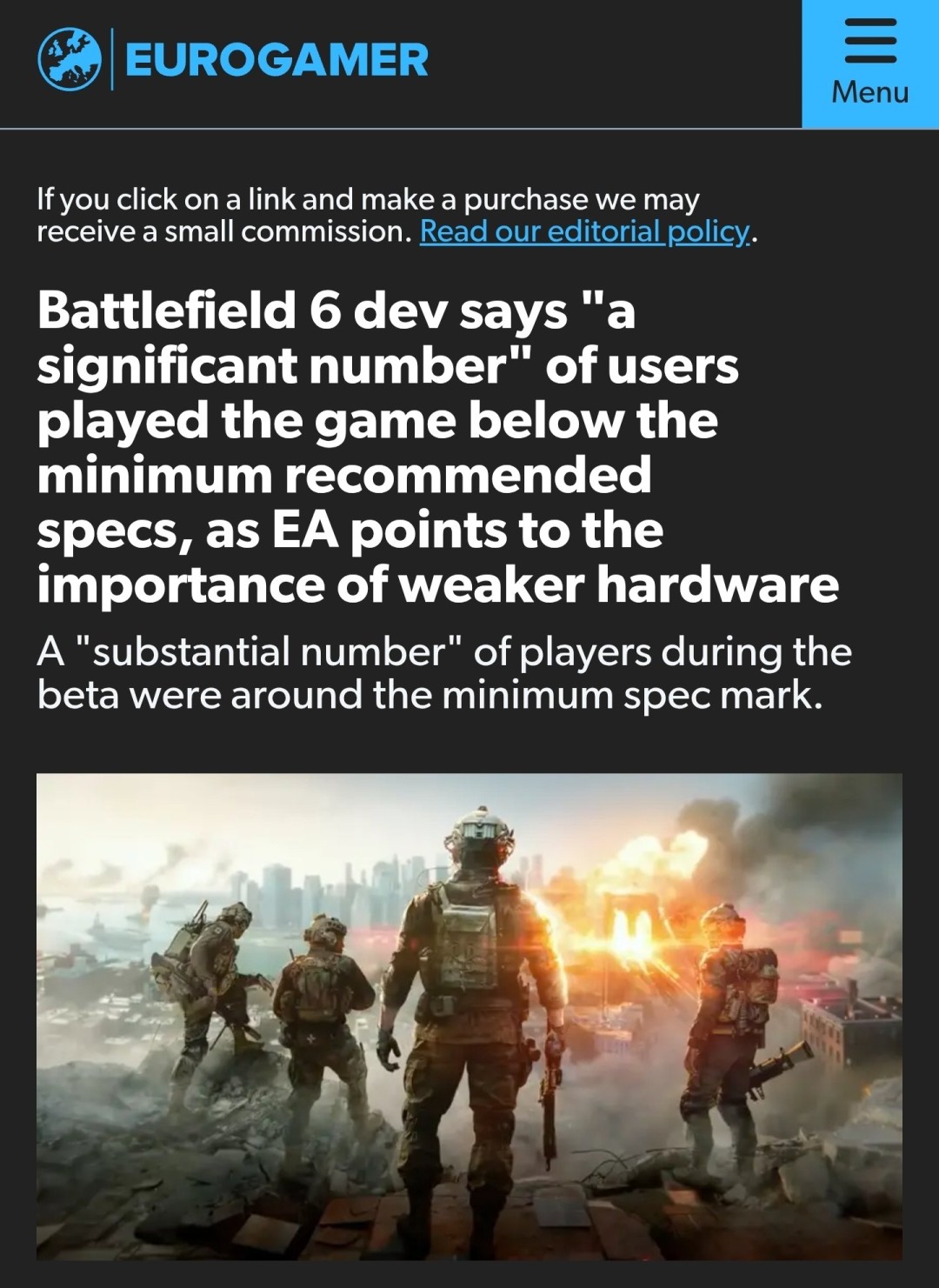  《战地6》大量玩家未达最低配置运行 开发者坦言优化挑战