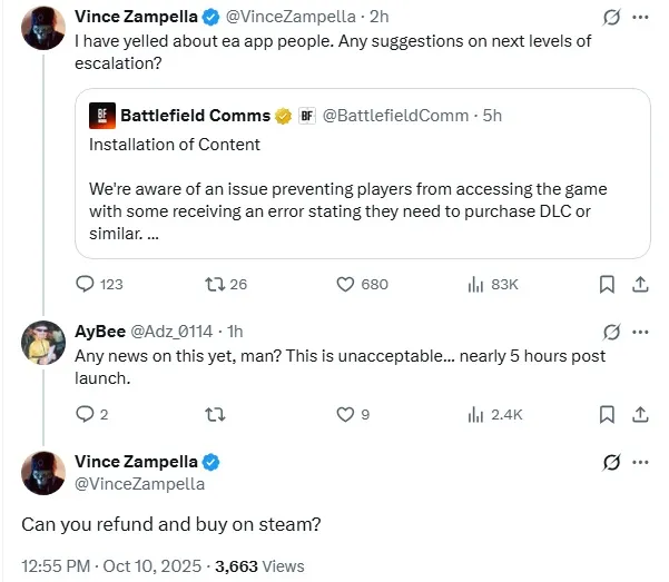 《战地6》老板直接劝玩家放弃EA App:退款买Steam版