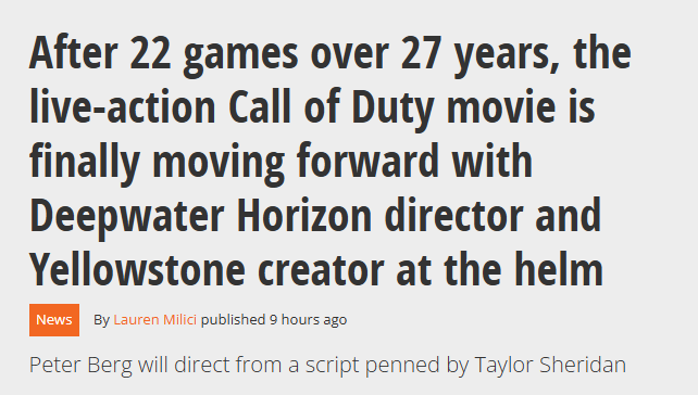  《使命召唤》真人电影官宣 27年筹备终启动