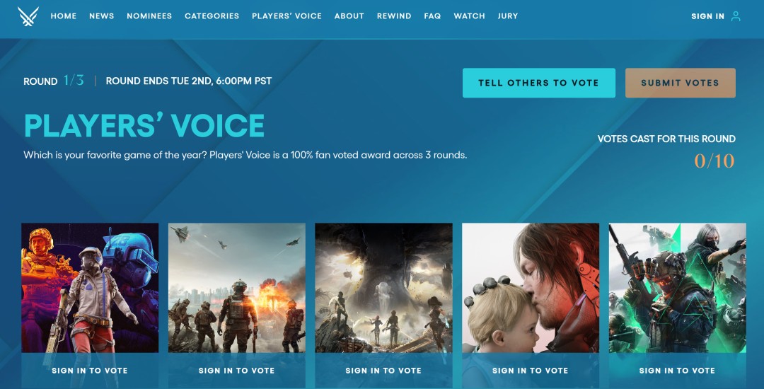  2025年TGA玩家之声第一轮投票现已开启