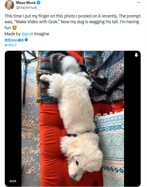  马斯克母亲力挺儿子展示Grok视频生成